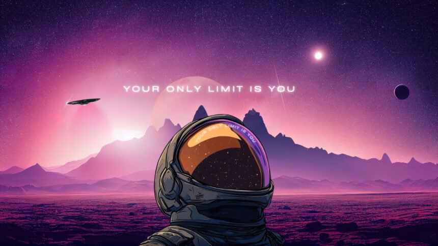 Astronaut standing under a purple galaxy sky with stars, planets, and a motivational quote “Your only limit is you” in Ultra HD wallpaper