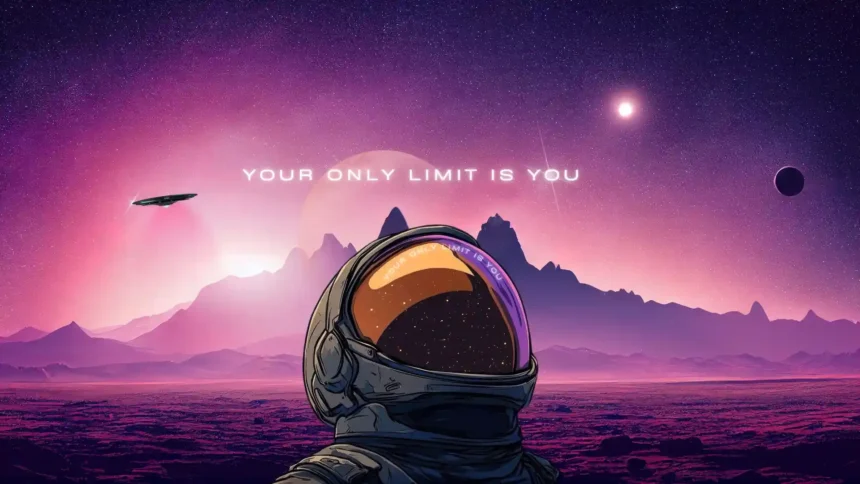 Astronaut standing on purple alien planet under galaxy sky with stars and glowing text saying your only limit is you wallpaper