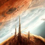 Futuristic space city with golden skyscrapers and starships orbiting a massive planet with cosmic light and sci-fi atmosphere wallpaper