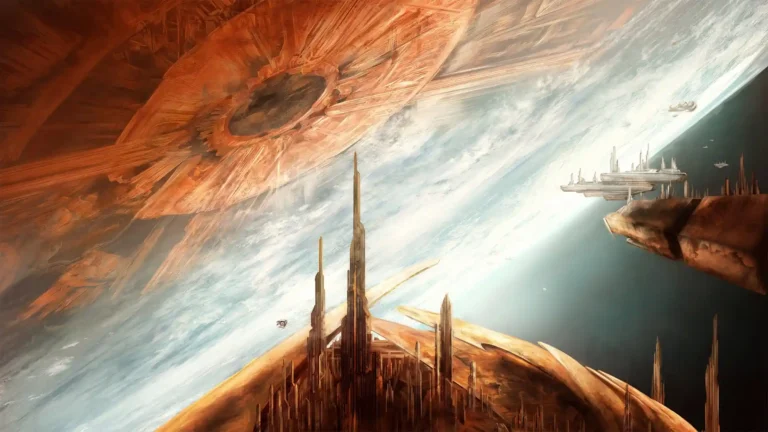 Futuristic space city with golden skyscrapers and starships orbiting a massive planet with cosmic light and sci-fi atmosphere wallpaper