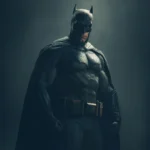 Batman standing in dark cinematic lighting wearing detailed armored suit and cape with intense atmosphere wallpaper