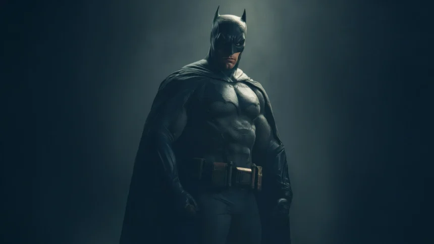 Batman standing in dark cinematic lighting wearing detailed armored suit and cape with intense atmosphere wallpaper