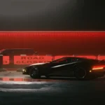 Cyberpunk 2077 Quadra Turbo Car parked under red neon lights with road closed barriers reflecting on wet asphalt wallpaper