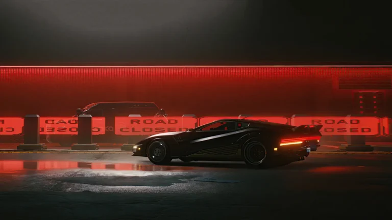 Cyberpunk 2077 Quadra Turbo Car parked under red neon lights with road closed barriers reflecting on wet asphalt wallpaper