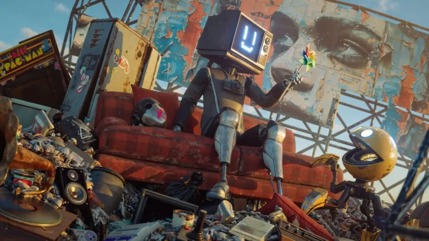 Futuristic TV head robot sitting on a red couch beside a Pac-Man machine surrounded by junkyard tech and graffiti mural wallpaper