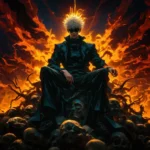 Gojo Satoru sits on a throne of skulls surrounded by raging flames, his silver hair glowing like fire as he exudes divine power — cinematic anime wallpaper.
