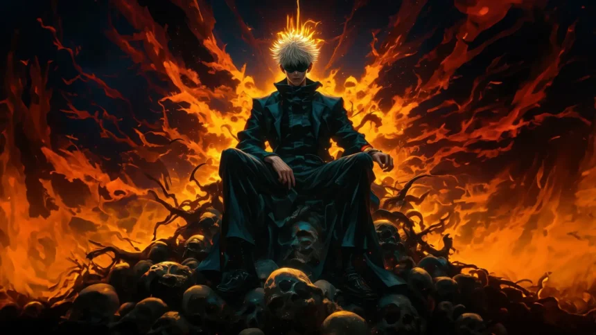 Gojo Satoru sits on a throne of skulls surrounded by raging flames, his silver hair glowing like fire as he exudes divine power — cinematic anime wallpaper.