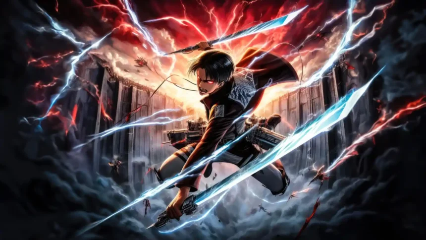 Levi Ackerman in rage mode from Attack on Titan with glowing eyes and dual blades surrounded by lightning and fiery sky wallpaper