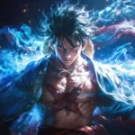 Monkey D. Luffy Gear 5 form surrounded by glowing blue and red energy with intense expression and cosmic background wallpaper