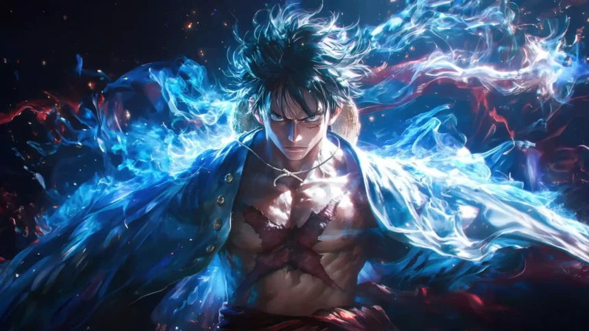 Monkey D. Luffy Gear 5 form surrounded by glowing blue and red energy with intense expression and cosmic background wallpaper