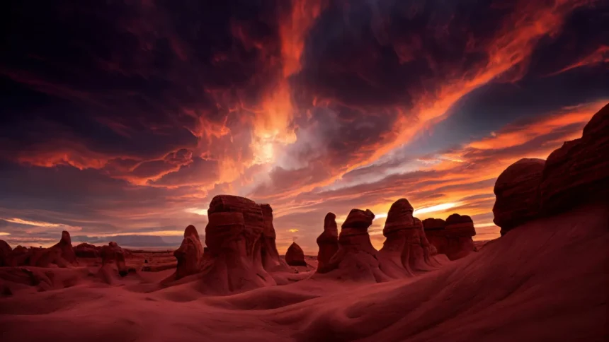 Vibrant sunset over red rock canyon with dramatic clouds and glowing horizon in golden and orange tones wallpaper