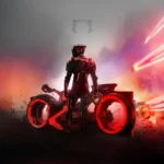 A futuristic motorcycle rider stands before a glowing red lightcycle surrounded by neon trails and digital mist, inspired by Tron — cinematic sci-fi wallpaper.