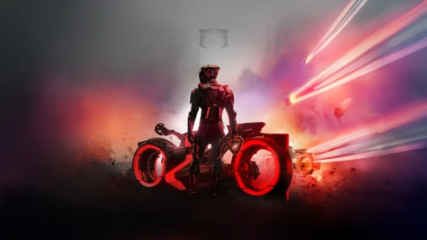 A futuristic motorcycle rider stands before a glowing red lightcycle surrounded by neon trails and digital mist, inspired by Tron — cinematic sci-fi wallpaper.