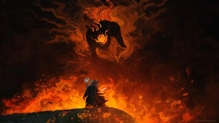 Wizard with glowing staff facing massive fire demon surrounded by flames and smoke in an epic fantasy battle wallpaper