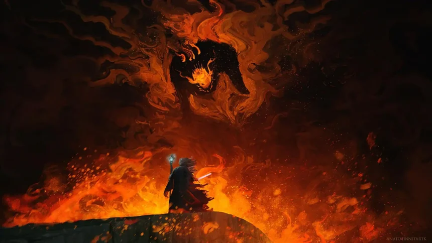 Wizard with glowing staff facing massive fire demon surrounded by flames and smoke in an epic fantasy battle wallpaper