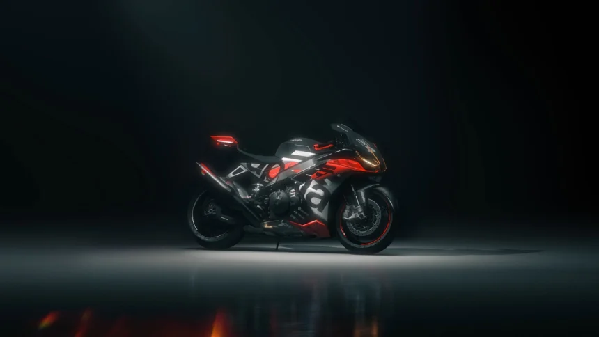 Aprilia RSV4 superbike in dark studio lighting with red accents and reflective floor showcasing sleek racing design wallpaper