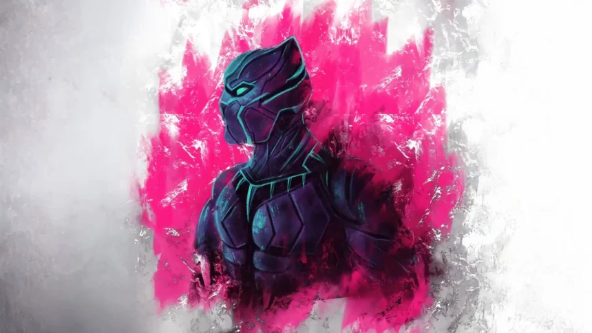 Black Panther futuristic digital art with neon pink and silver background glowing teal suit highlights tribute style wallpaper