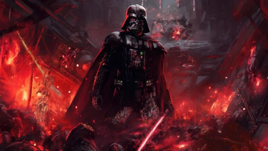 Darth Vader standing in fiery battlefield holding red lightsaber surrounded by smoke and destruction in cinematic dark side scene wallpaper