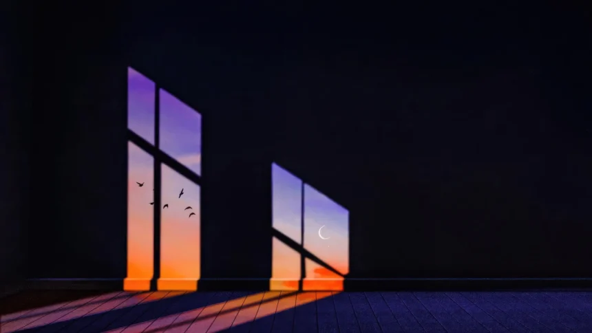 Dreamy sunset light casting colorful reflections through a window onto a dark room floor with birds and crescent moon wallpaper