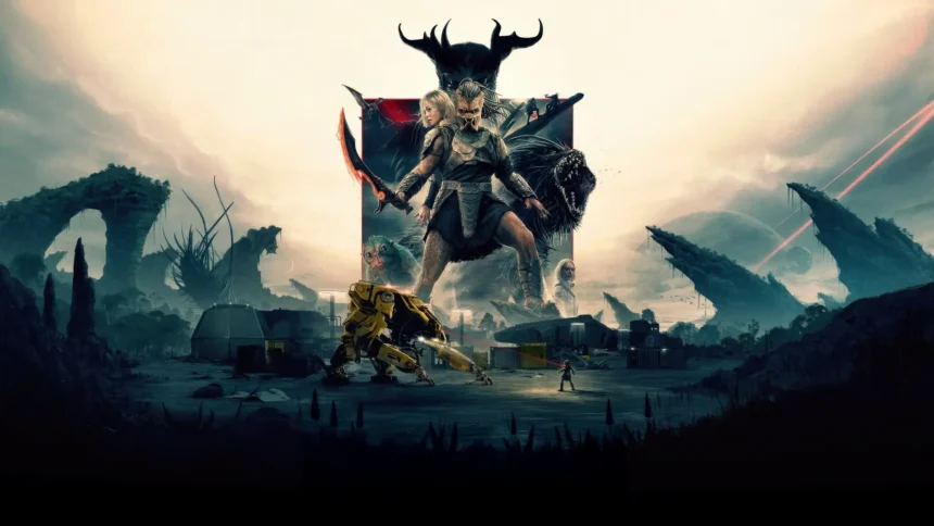 Futuristic battle scene with armored warrior facing alien predators and robots in a rocky sci-fi landscape with red sky wallpaper