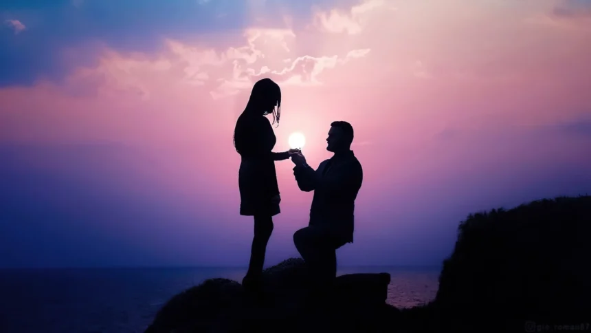 Silhouette of a romantic proposal at the ocean during a purple and pink sunset with the ring aligned with the glowing sun wallpaper