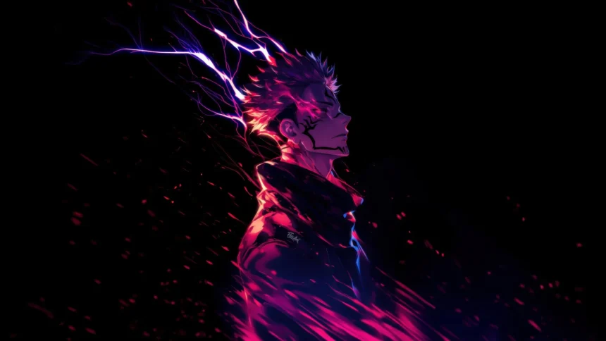 Ryomen Sukuna from Jujutsu Kaisen surrounded by glowing red and purple cursed energy with lightning and dark background wallpaper
