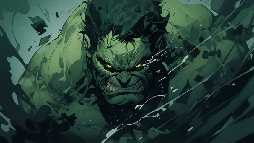 The Incredible Hulk charging forward with glowing yellow eyes surrounded by debris and energy in intense comic-style artwork wallpaper