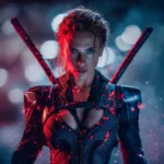 Cinematic portrait of Black Widow with dual batons in red and blue lighting, sparks and night bokeh background wallpaper