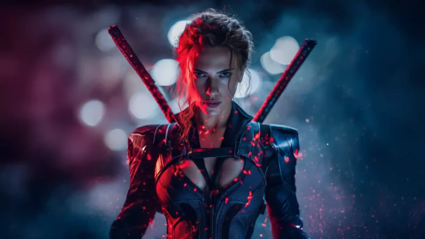 Cinematic portrait of Black Widow with dual batons in red and blue lighting, sparks and night bokeh background wallpaper