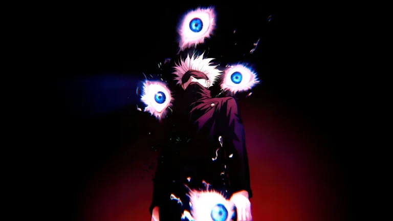 satoru gojo limitless power aura with glowing cursed eyes dark jujutsu kaisen anime wallpaper
