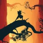 Silhouette of samurai warrior standing on tree branch with sword raised against orange canyon sunset inspired by Sekiro Shadows Die Twice wallpaper