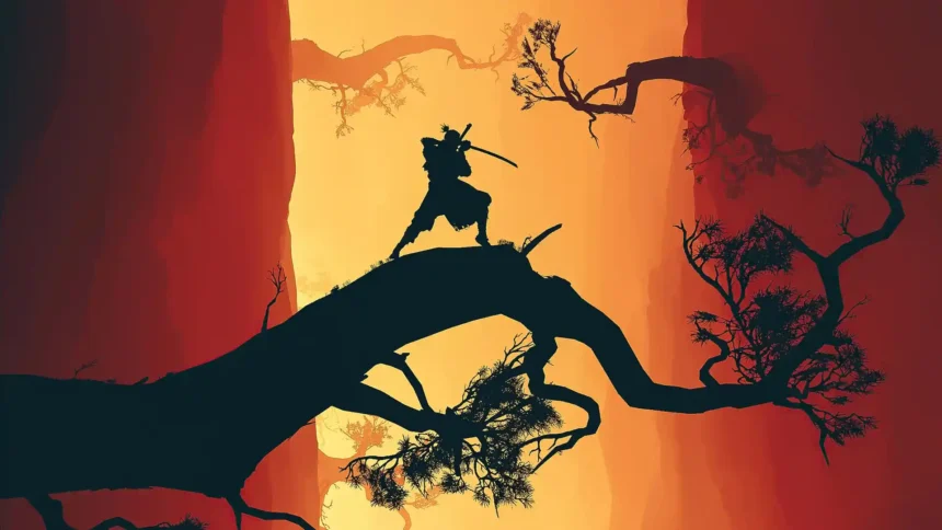 Silhouette of samurai warrior standing on tree branch with sword raised against orange canyon sunset inspired by Sekiro Shadows Die Twice wallpaper