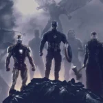 The Avengers team standing united on a smoky battlefield with Captain America, Iron Man and Thor in dramatic cinematic lighting wallpaper