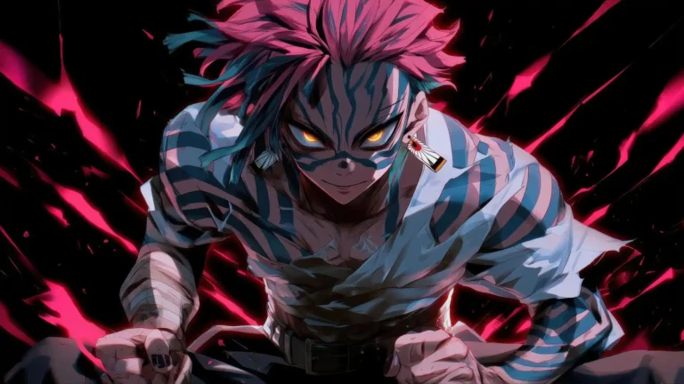akaza demon slayer upper moon with glowing eyes intense aura anime wallpaper