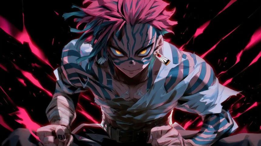akaza demon slayer upper moon with glowing eyes intense aura anime wallpaper