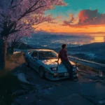 anime boy sitting on nissan gtr overlooking sunset mountain city view with cherry blossoms wallpaper