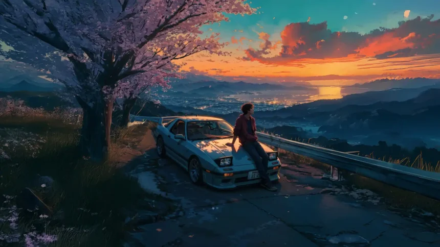 anime boy sitting on nissan gtr overlooking sunset mountain city view with cherry blossoms wallpaper
