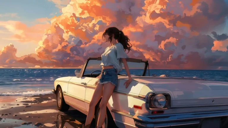 anime girl leaning on vintage convertible car at beach during vibrant sunset with ocean waves aesthetic wallpaper