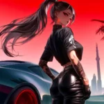 anime girl standing near neon car with city skyline at night cyberpunk style wallpaper