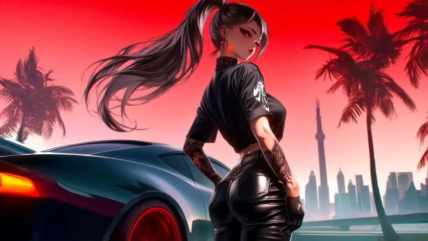anime girl standing near neon car with city skyline at night cyberpunk style wallpaper