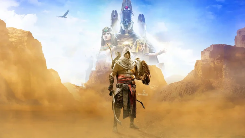 bayek standing in egyptian desert with eagle and ancient gods background assassins creed origins wallpaper