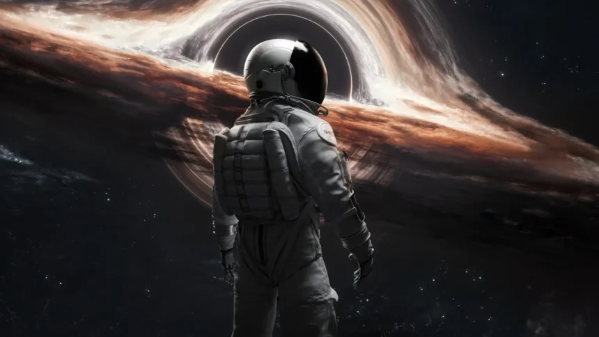 astronaut black hole space cosmic vortex galaxy sci fi 4k wallpaper