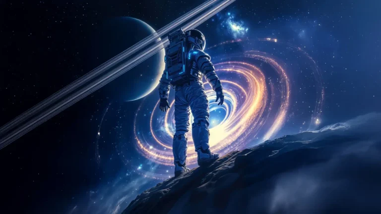 astronaut standing near cosmic portal galaxy vortex deep space stars planet wallpaper