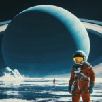 astronaut standing on icy planet surface with giant ringed Saturn in background deep space scene wallpaper