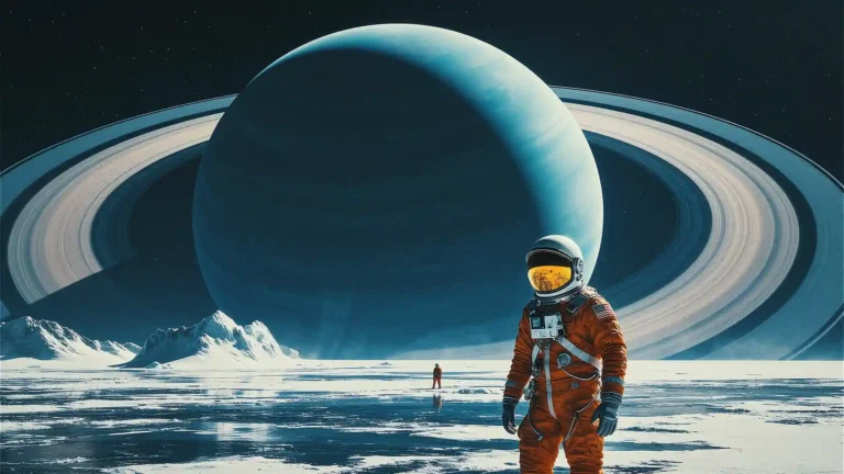 astronaut standing on icy planet surface with giant ringed Saturn in background deep space scene wallpaper