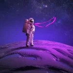 astronaut standing on alien planet with purple galaxy sky wallpaper