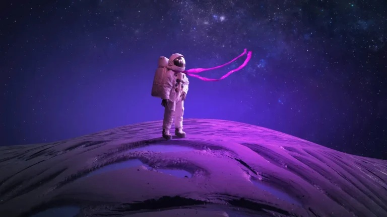 astronaut standing on alien planet with purple galaxy sky wallpaper
