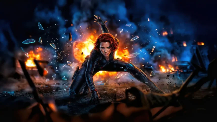 black widow explosion action scene marvel superhero fire cinematic 4k wallpaper