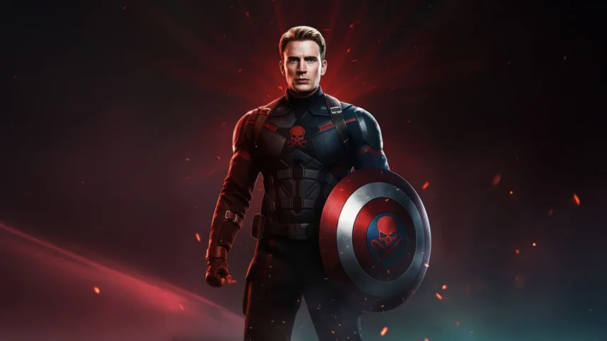 captain america dark suit with skull shield red aura powerful stance marvel wallpaper