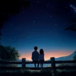 couple sitting together under starry night sky overlooking landscape romantic wallpaper